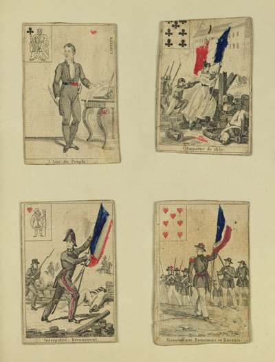 Vier Spielkarten zur Erinnerung an die Helden des Juli 1830, 1831 von French School